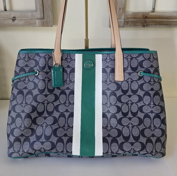 Coach Handbags - Coach Signature Stripe Large Carryall Tote-Navy Denim Look, Jade Green Stripe